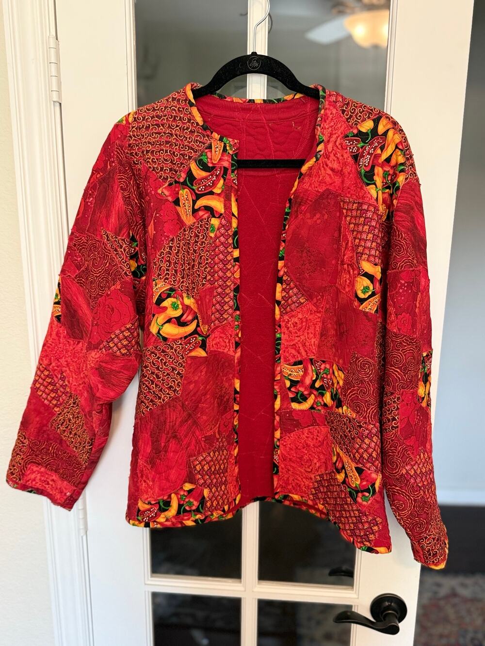 Vintage Handmade Red Patchwork open front  Quilted Jacket pepper print large*